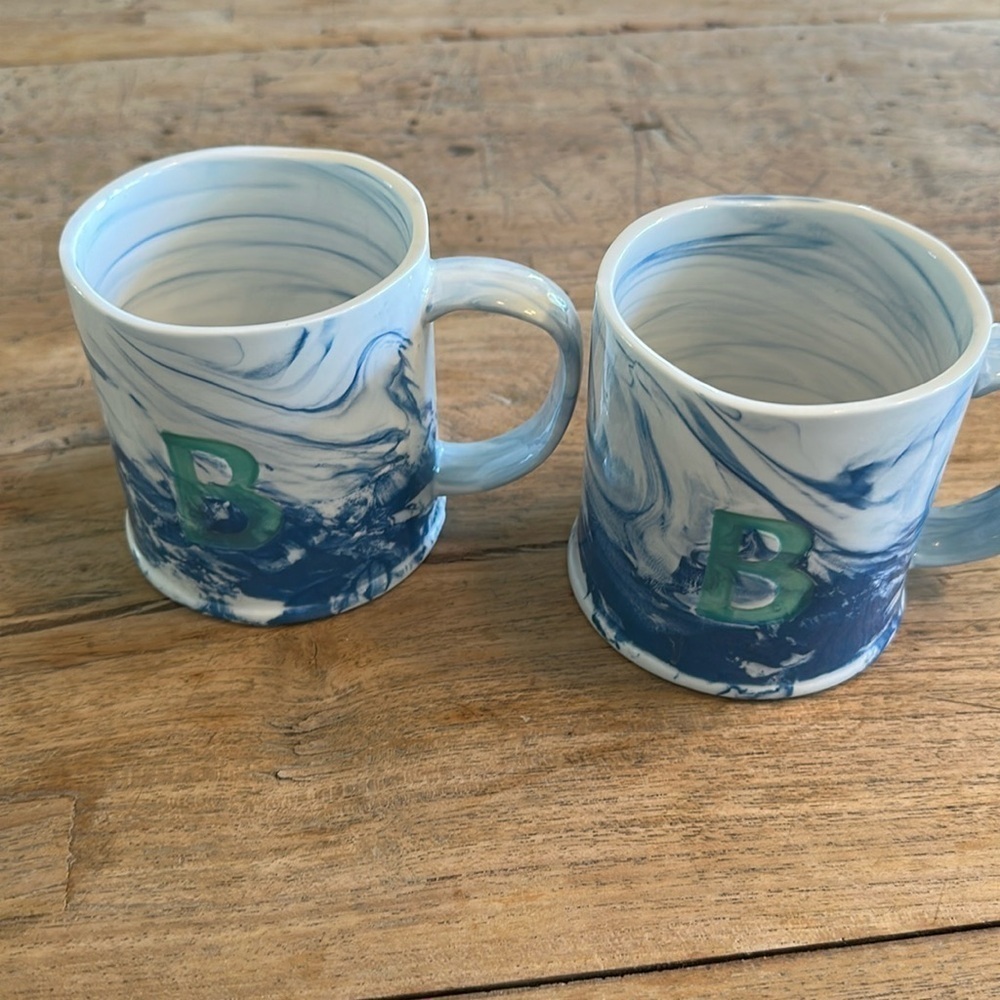 Two Anthropologie Marbled Monogram Coffee Tea Mug Blue White "B” Initial